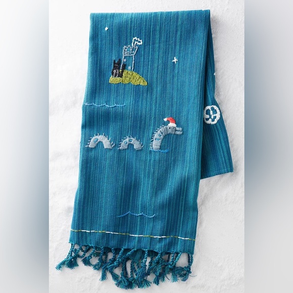 Anthropologie Nightscape Tea Towel DarkTurquoise Embroidered Cotton Fringe Decor - Picture 1 of 8